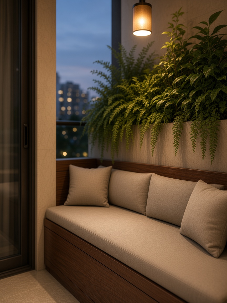 Balcony cabin with greenery and seats